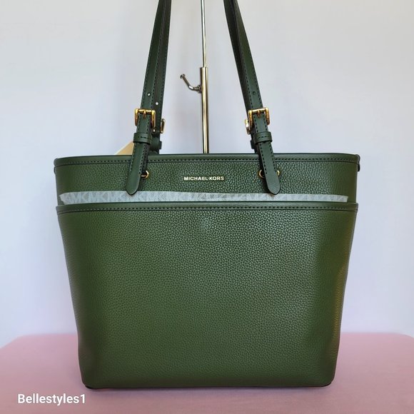 MICHAEL KORS Winston Medium Leather Top Zip Pocket Tote- Amazon Green